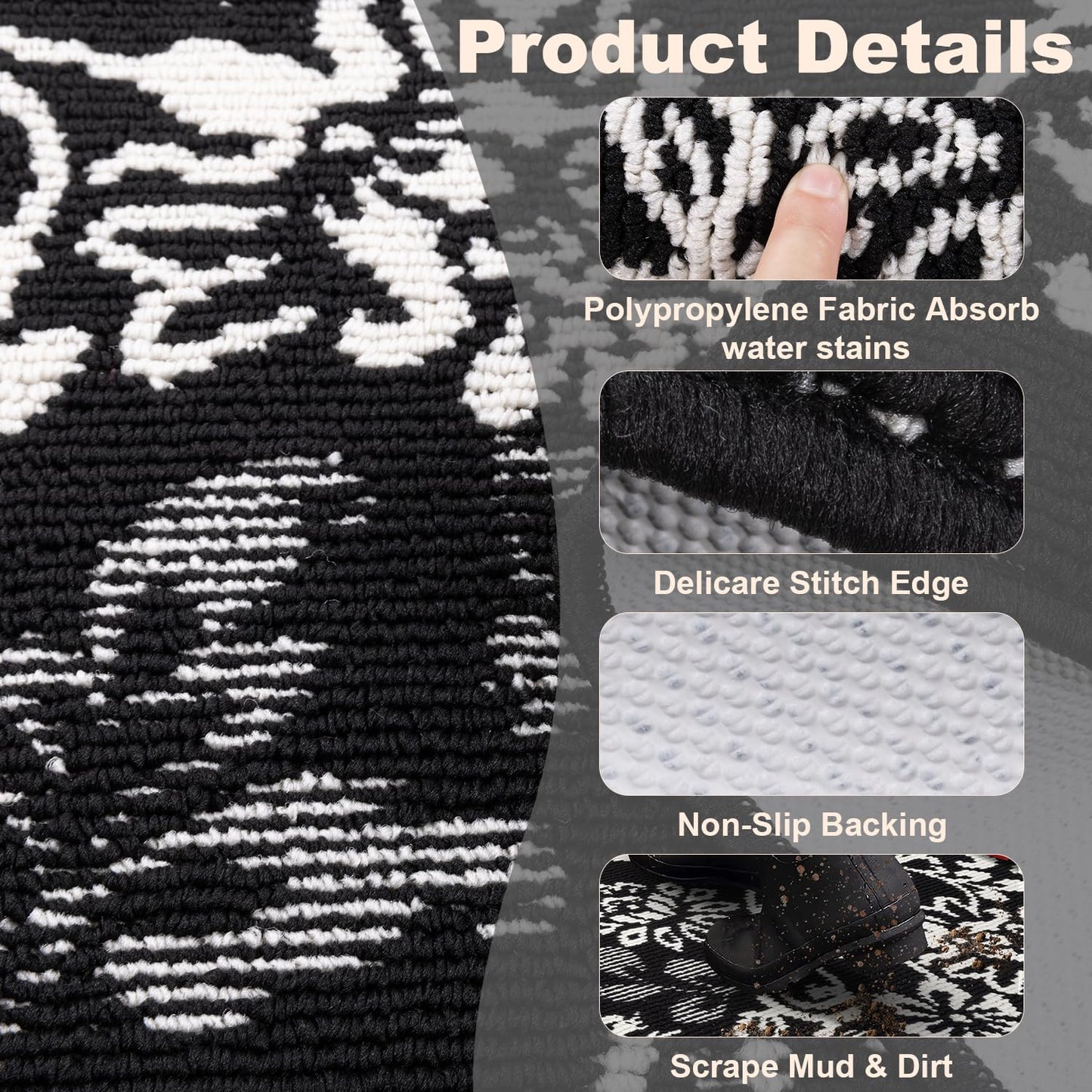 LOKHOM Boho Kitchen Rugs Sets of 3, Non Slip High-Low Textured Kitchen Mats for Floor with Rubber Backing, Paisley Floral Washable Carpet Runner for Hallways Entryway Laundry Sink (Black & White)
