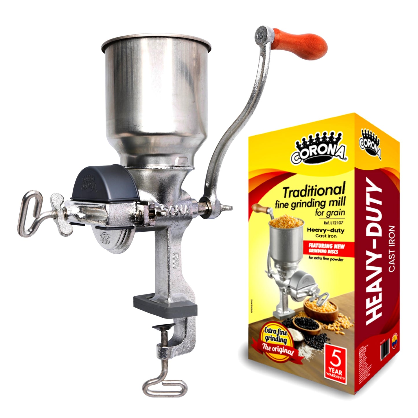 Corona Corn Grinder with High Hopper, Grain Mill, Manual Grinder For Corn, Rice, Soybeans, Pepper, Chickpeas, Cast Iron Wheat Grinder For Domestic Use