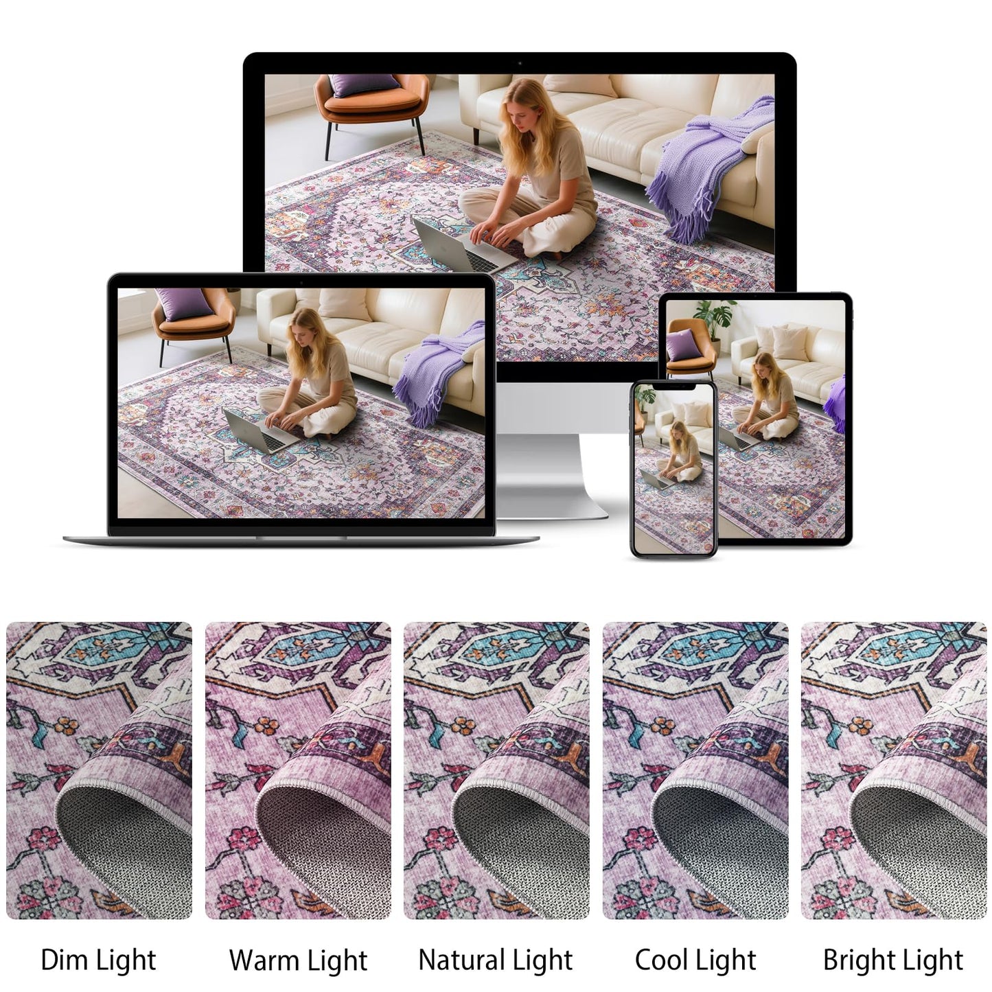 Softlife Washable Area Rug for Living Room, 5x7 Purple Large Boho Accent Rugs for Bedroom Bathroom Kitchen Under Dinning Table, Neutral Non-Slip Carpet for Nursery Kids Laundry Dorm Home Decor