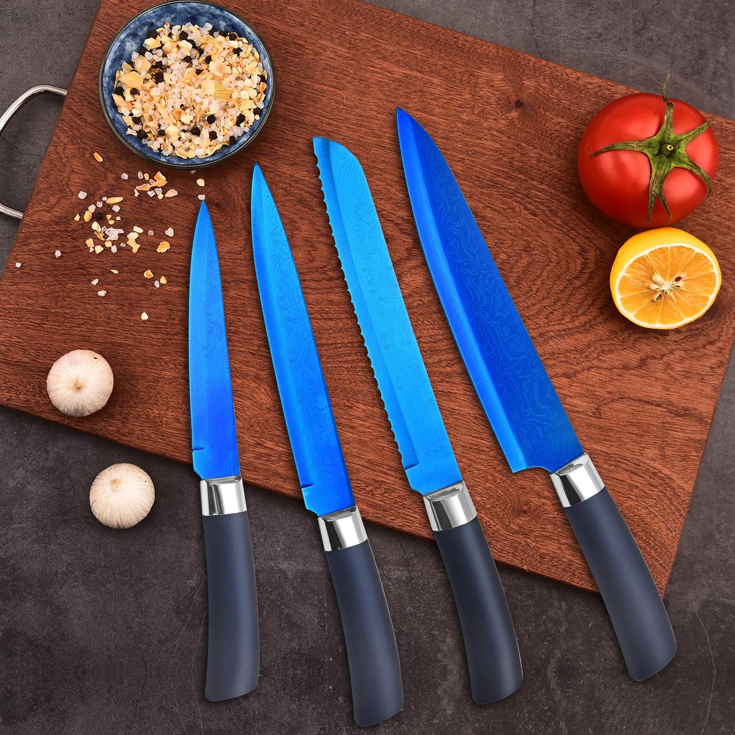 Knife Set, Kitchen Non Stick Knives Set with Block Thick Blade Cutlery Knife Block Sets with Sharpener 6pcs Steak Knife Shears Chef Sharp Quality Aluminum Alloy Block Blue Handle and Blade