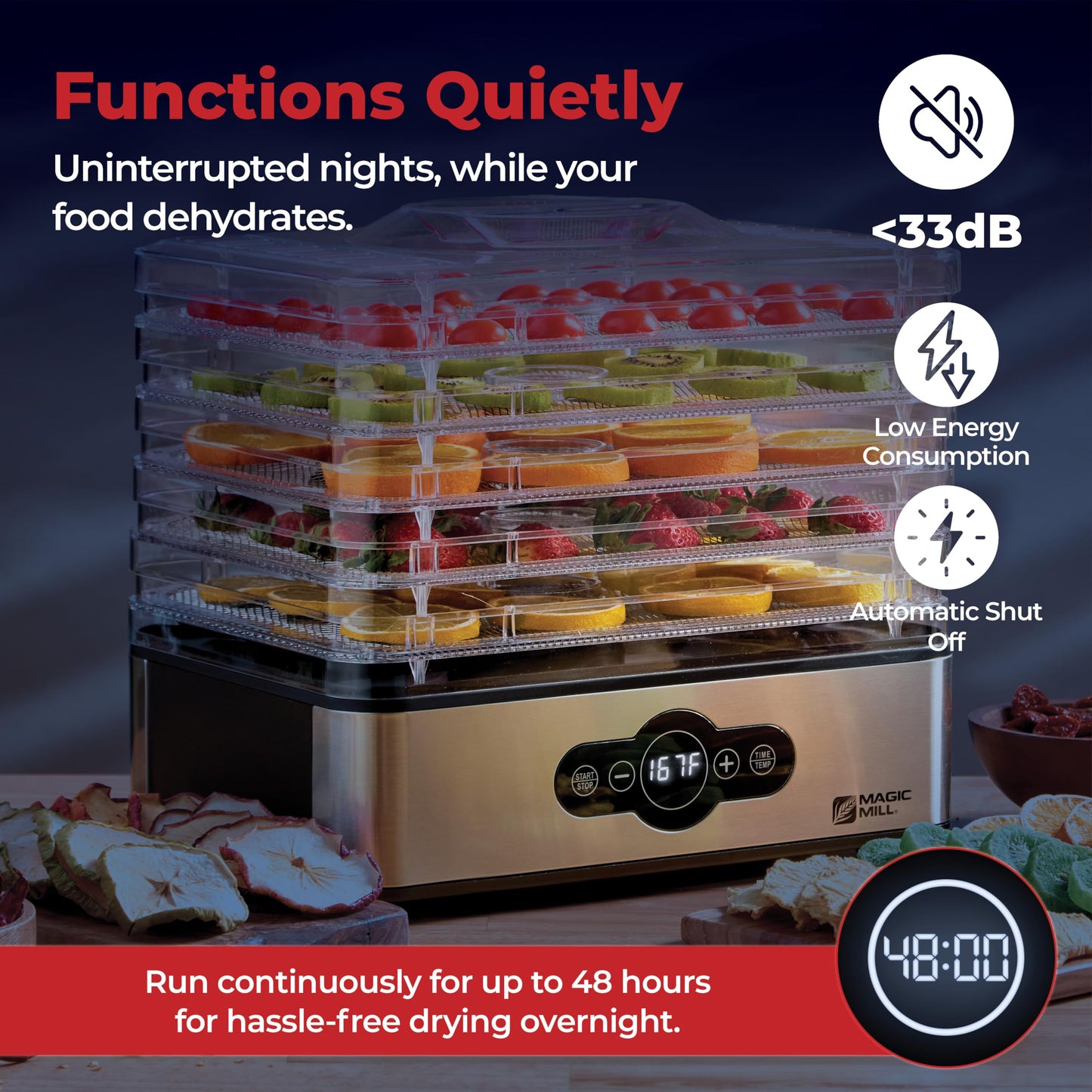 Magic Mill Food Dehydrator Machine | 5 Stackable Stainless Steel Trays, 48H Digital Adjustable Timer & Temperature Control Upto 167° Electric Dryer & Preserver for Jerky, Fruit, Dog Treats & Much More