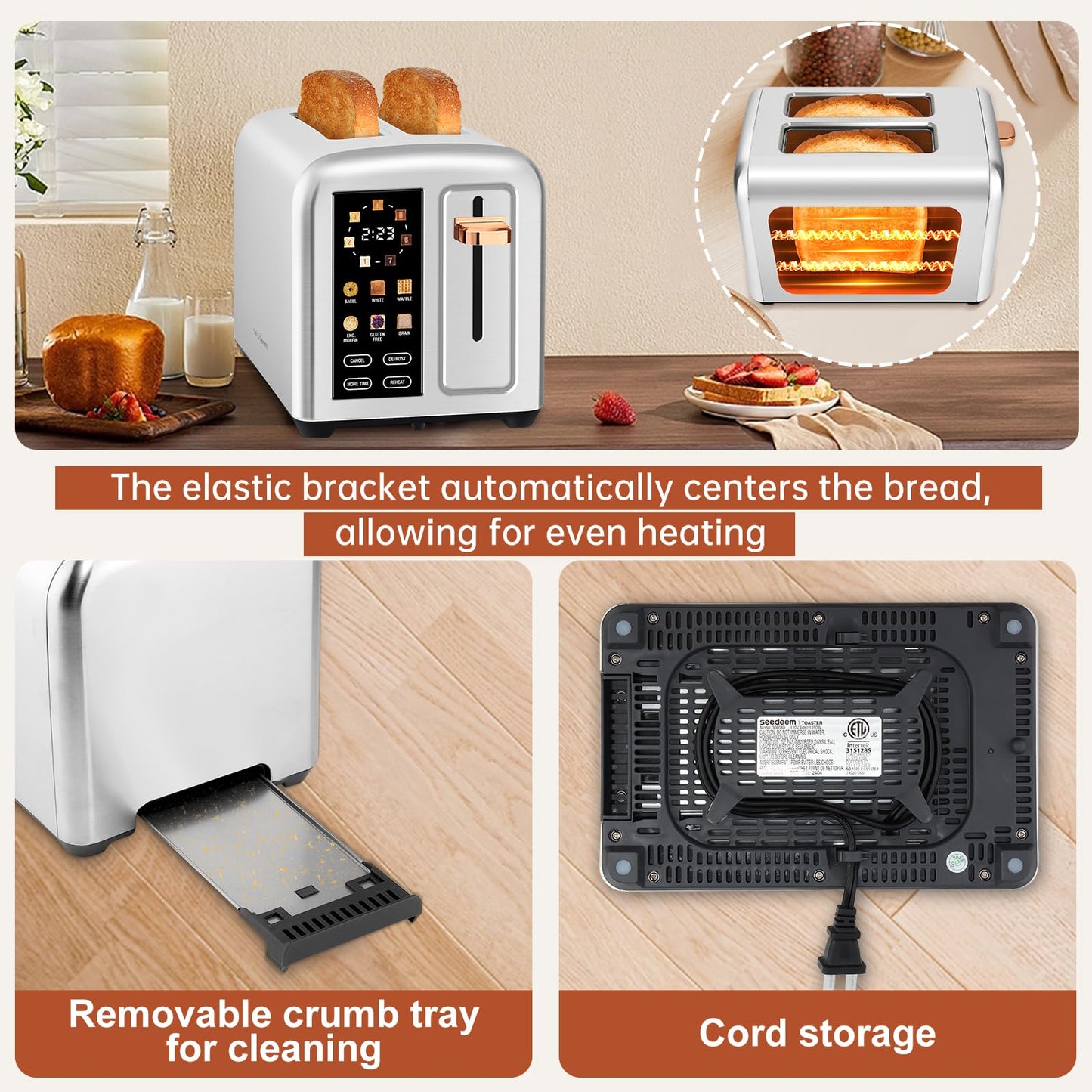 SEEDEEM Toaster 2 Slice with Touch Screen, Faster Heating Speed, 7 Shade Setting, 6 Bread Type, 1.5”Wide Slots Toaster, Removable Crumb Tray, 1350W, Silver Metallic