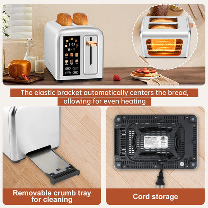 SEEDEEM Toaster 2 Slice with Touch Screen, Faster Heating Speed, 7 Shade Setting, 6 Bread Type, 1.5”Wide Slots Toaster, Removable Crumb Tray, 1350W, Silver Metallic