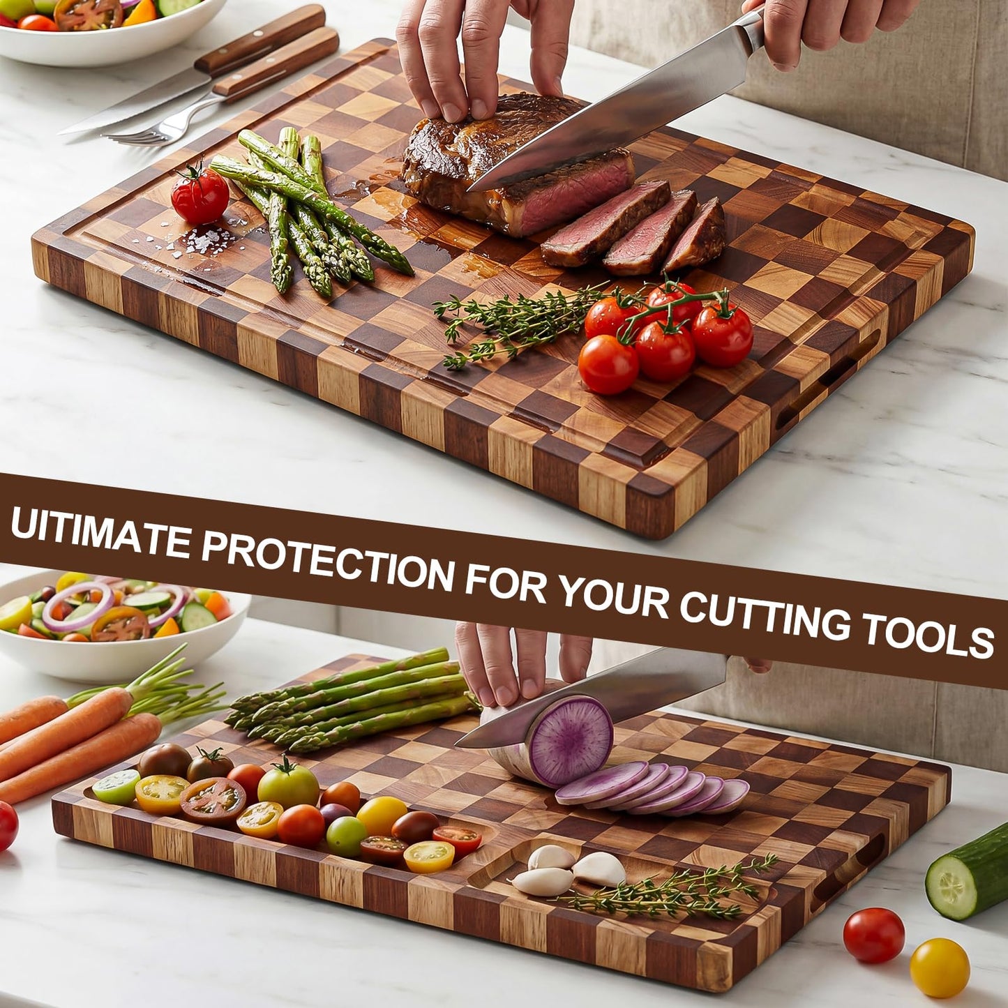 BIEOFFEI Checkered Cutting Board with Stand, Dual-Sided Wood Cutting Board with Juice Groove, 16.5x11.6 Inch Butcher Block Serving Tray, Chopping Board for Kitchen Gifts