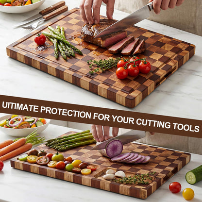 BIEOFFEI Checkered Cutting Board with Stand, Dual-Sided Wood Cutting Board with Juice Groove, 16.5x11.6 Inch Butcher Block Serving Tray, Chopping Board for Kitchen Gifts