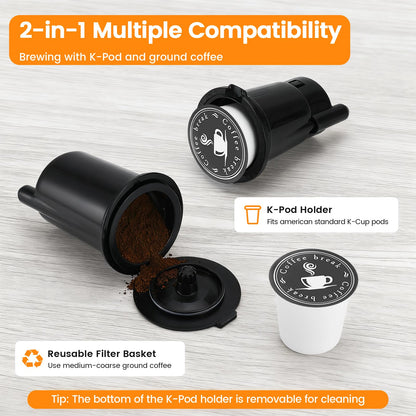 Horavie Single Serve Coffee Maker for K-Cup Pod and Grounds, Hot and Iced Coffee Maker, Strong Button Feature, 6 to 14oz Brew Sizes, 50oz Removable Tank, Up to 6.5 Inch Cup, Stainless Steel, Black