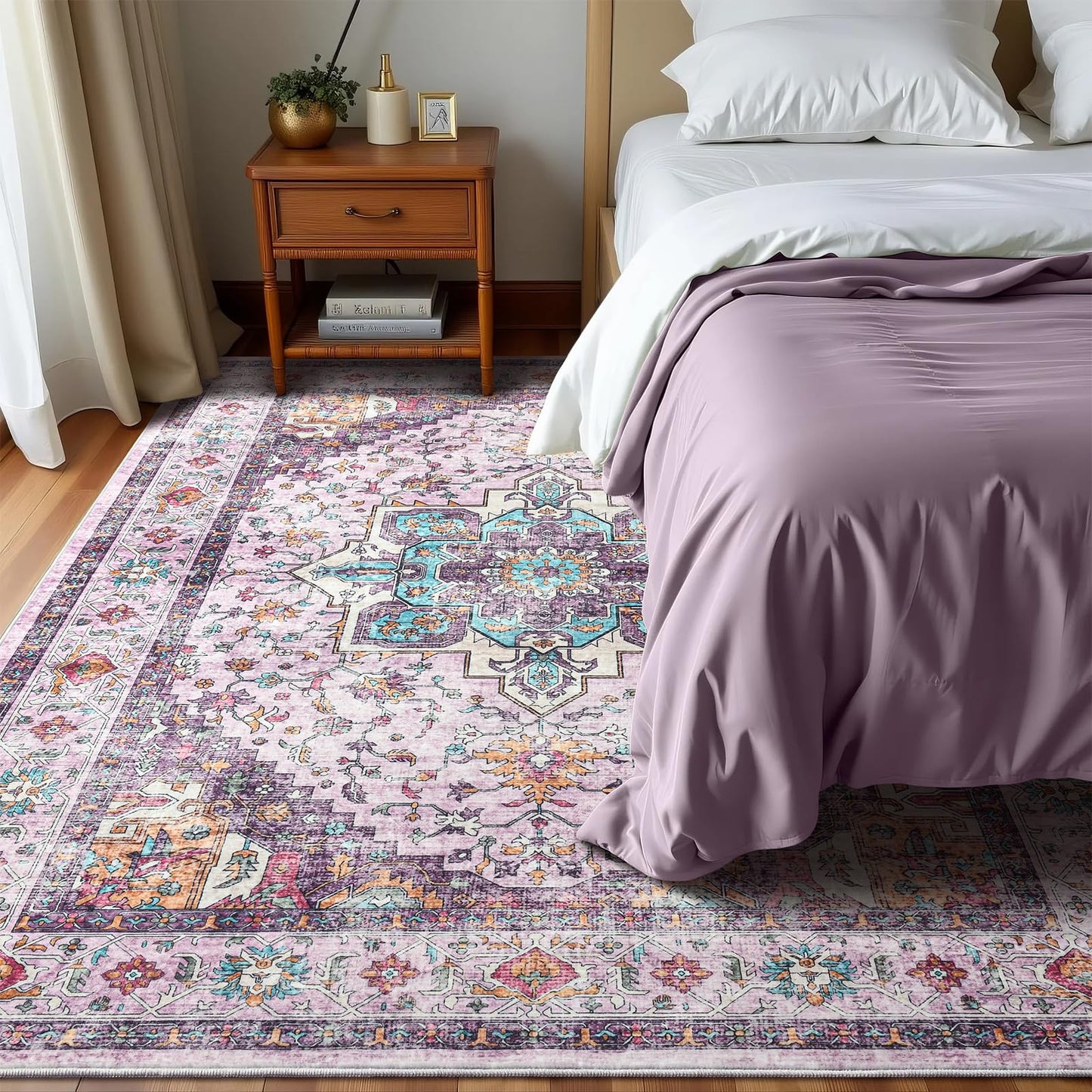 Softlife Washable Area Rug for Living Room, 5x7 Purple Large Boho Accent Rugs for Bedroom Bathroom Kitchen Under Dinning Table, Neutral Non-Slip Carpet for Nursery Kids Laundry Dorm Home Decor