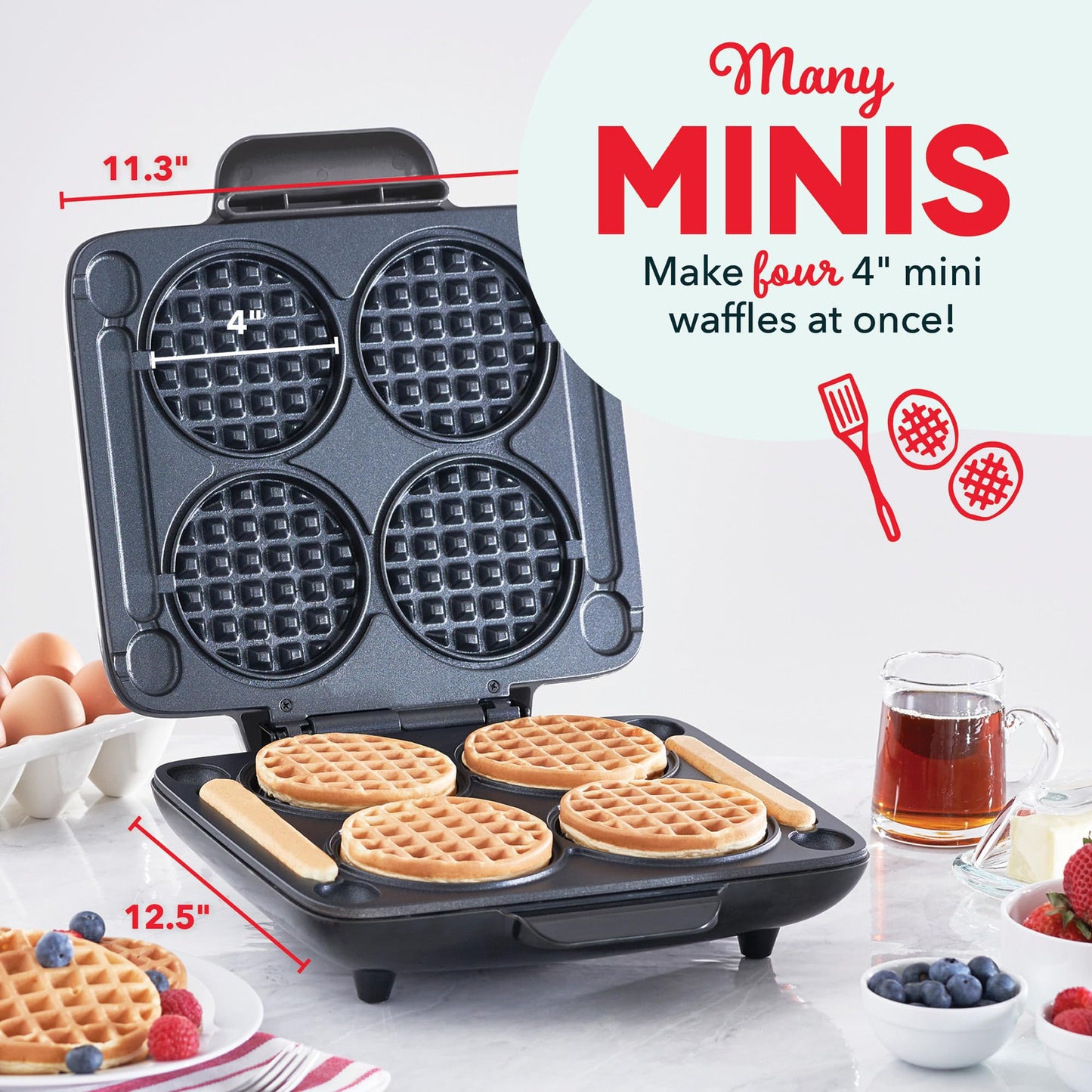 Dash Multi Mini Waffle Maker- Quad Waffle Maker for Family Breakfasts - Dual Nonstick Heating Plates & Easy-Release Surface - Compact & Fast-Heating - Graphite