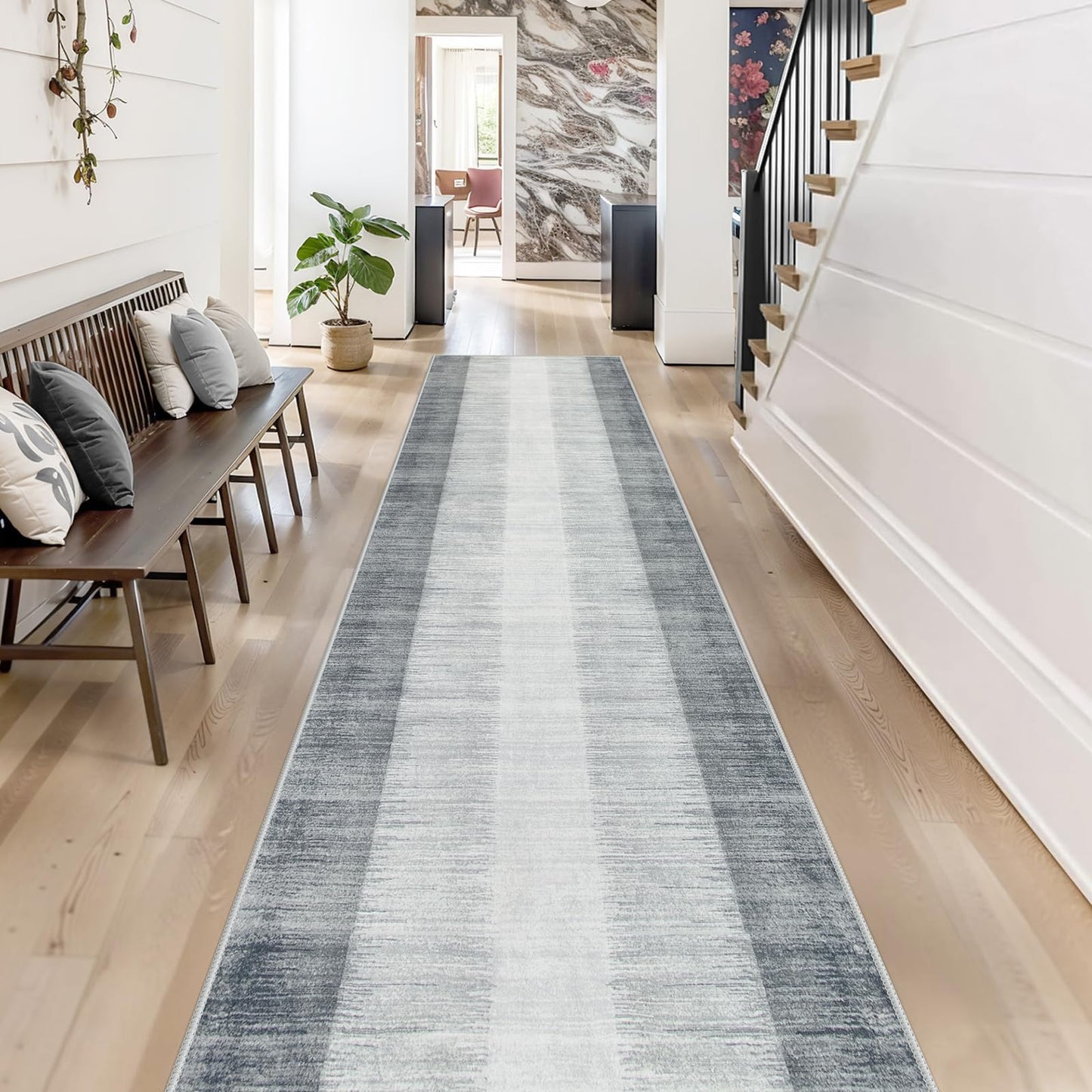 Lahome Modern Ombre Carpet Runners for Hallway 12ft, Washable Ultra-Thin Non Slip Kitchen Runner, Gray Print Stain Resistant Home Decor for Bedroom Bathroom Juliette