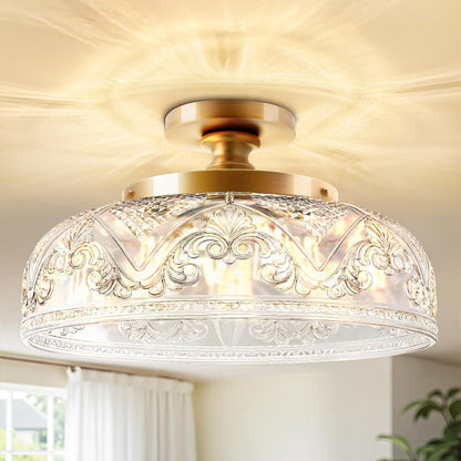Slypadan Semi Flush Mount Ceiling Light, 12 Inch Large Gold Ceiling Light Fixture, 3-Light Globe Glass Farmhouse Kitchen Lighting Fixtures for Bathroom, Hallway, Dining Room (Bulb Not Included)