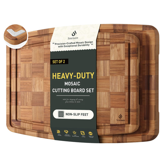 2 Pack Heavy Duty Bamboo Cutting Board Set Non Slip Over Sink Solid Thick Wood Chopping Board End Grain Extra Large Big Small Best Organic Hardwood Wooden Kitchen Essential New Home Housewarming Gift