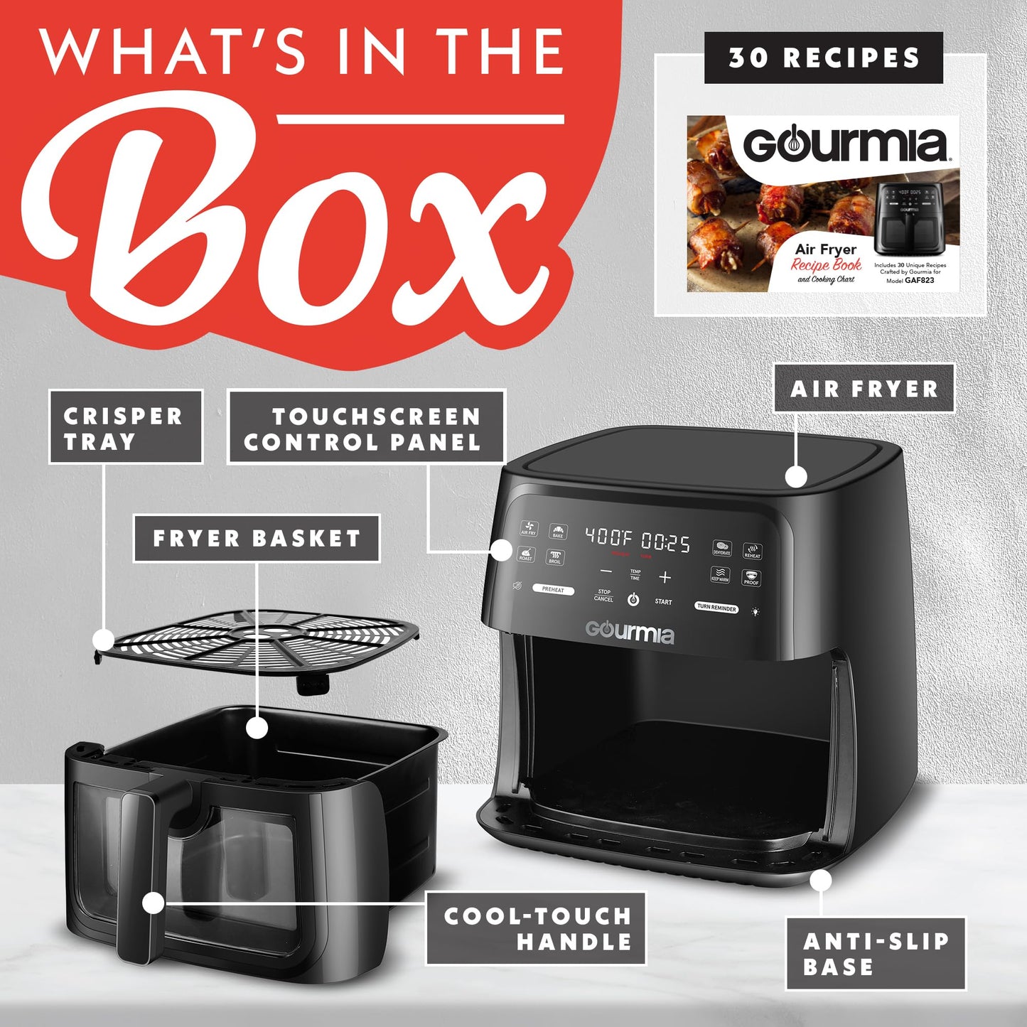 Gourmia 8 Qt Air Fryer, 8 Presets with Digital Display, FryForce 360° Technology, Easy View Window & Interior Light, Dishwasher Safe Basket, Black