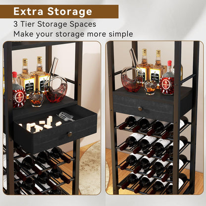 IBUYKE Wine Rack Freestanding Floor, Bar Cabinet for Liquor and Glasses,Coffee Bar Cabinet 4-Tier Wood bar Cabinet,Glass Holder and Storage Drawer for Home Bar Kitchen Living Room,Black UTMJ905B