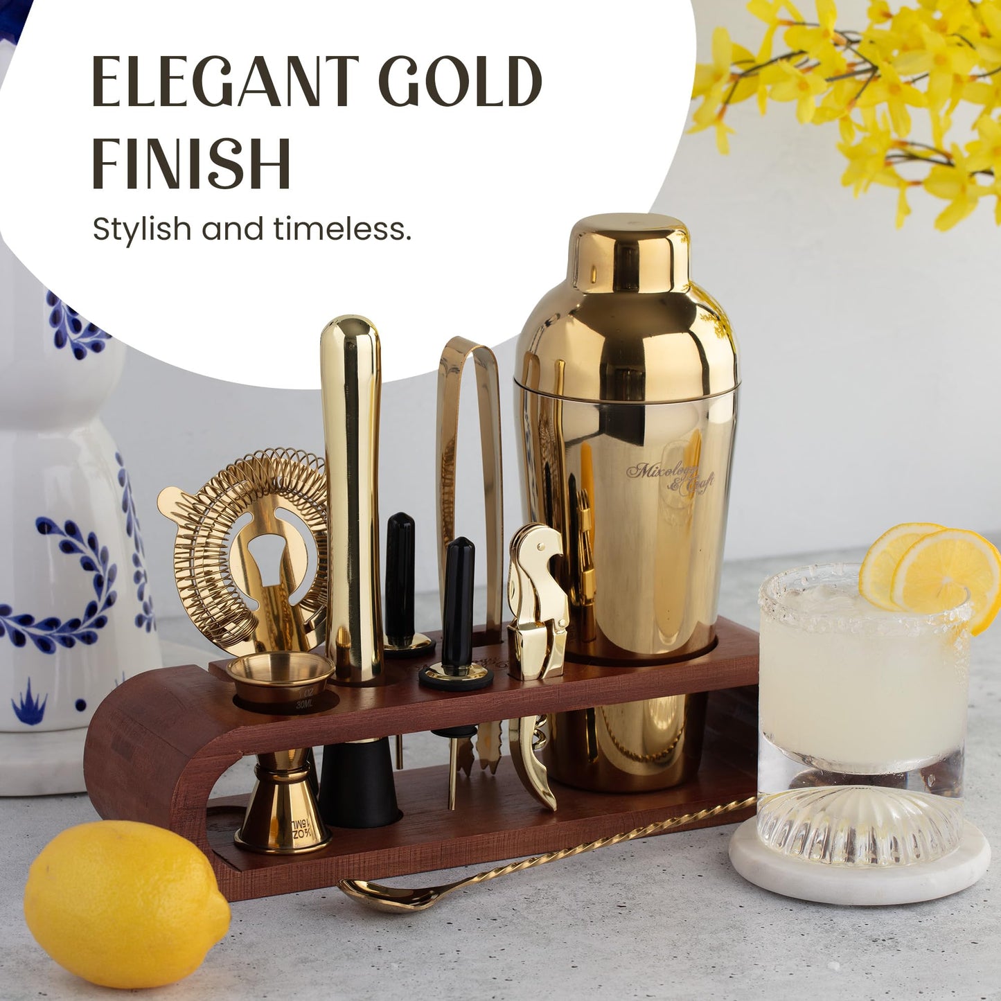 Mixology & Craft Cocktail Shaker Set with Dark Bamboo Stand - Professional 10-Piece Bartender Kit - Complete Bar Set & Cocktail Mixer Kit for Home (Gold)