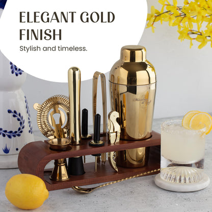 Mixology & Craft Cocktail Shaker Set with Dark Bamboo Stand - Professional 10-Piece Bartender Kit - Complete Bar Set & Cocktail Mixer Kit for Home (Gold)
