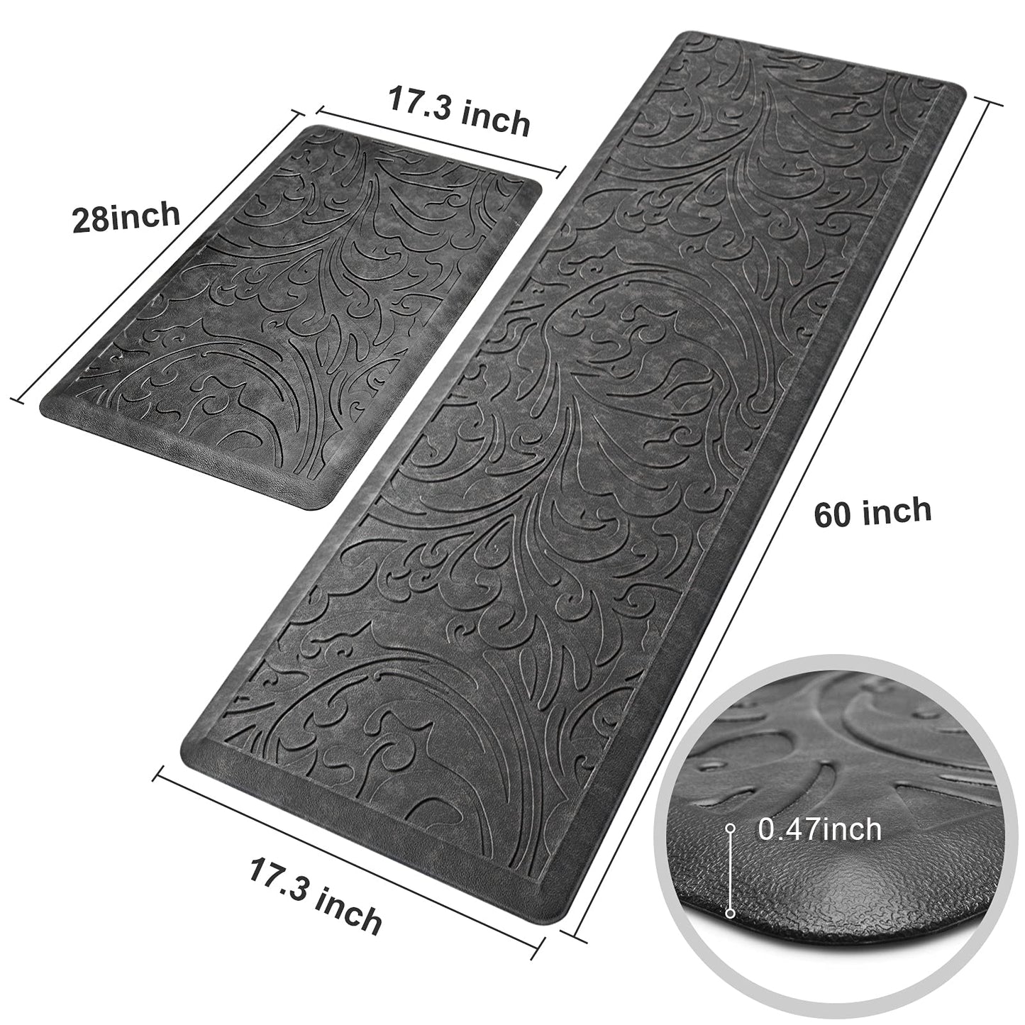 KMAT 2PCS Kitchen Mat Cushioned Anti-Fatigue Floor Mat,Waterproof Non-Slip Standing Mat,Ergonomic Comfort Floor Mat Rug for Home,Office,Sink,Laundry,Desk(17.3"x28"+17.3"x60",Grey)