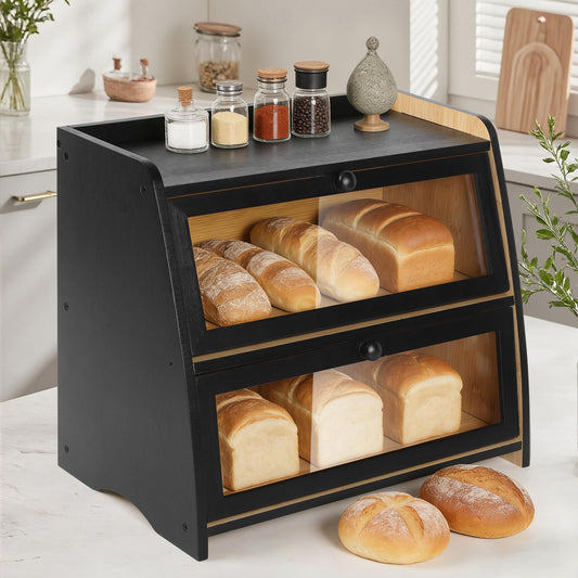 Hwwelis Bamboo Double Layer Bread Box for Kitchen Counter - 2 Layer Large Breadbox for Countertop Organizer - Bread Storage Boxes Container Bin for Homemade Bread - Black