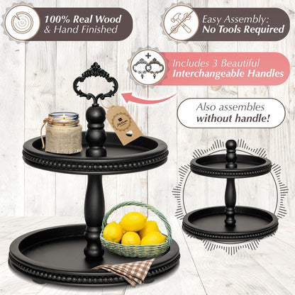 2 Tiered Tray Wooden Serving Stand by Felt Creative Home Goods. Small Beaded Tray for Home Decor Display Farmhouse Country Decoration Kitchen or Dining. Includes 3 Finial Custom Handles (Black)