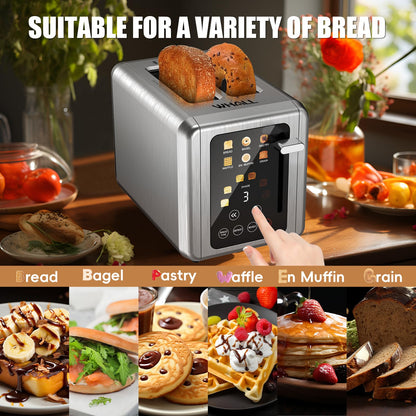 WHALL Touch Screen Toaster 2 Slice, Stainless Steel Digital Timer Toasters with Sound Function, Smart Extra Wide Slots Toaster with Bagel, Cancel, Defrost (silver)