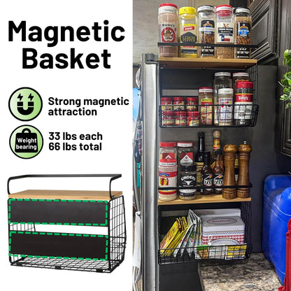 2 Set Magnetic Shelf for Refrigerator with Wood Lid, Fruit Potato & Onion Storage Bins, Pantry Organizers & Storage, Large Container Magnetic Spice Rack for Refrigerator, Kitchen Counter, Cabinet