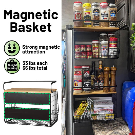 2 Set Magnetic Shelf for Refrigerator with Wood Lid, Fruit Potato & Onion Storage Bins, Pantry Organizers & Storage, Large Container Magnetic Spice Rack for Refrigerator, Kitchen Counter, Cabinet