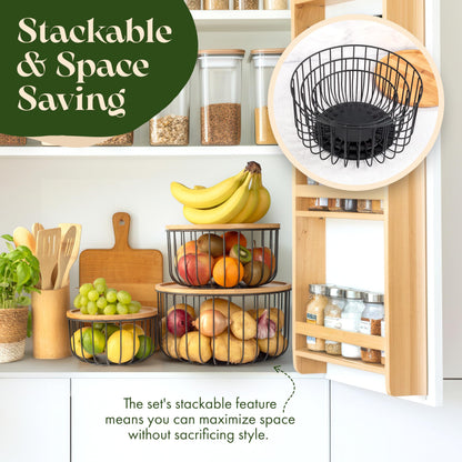 Fruit Basket for Kitchen Counter Set of 3 - Large Stackable Baskets with Bamboo Lid - Fruit Bowl, Perfect Holder For Fruits and Vegetable Storage -Keep Your Countertop Classy, Tidy and Slightly Fruity