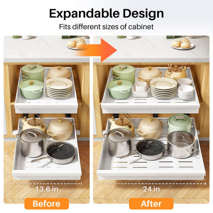 Pull out Cabinet Organizer, 1-Pack Expandable(13.6"-24") Silde out Drawers with Raising Pad for Framed Cabinets, Adjustable Full-Extension Adhesive Roll out Shelves for Kitchen Pantry Home Pot and Pan