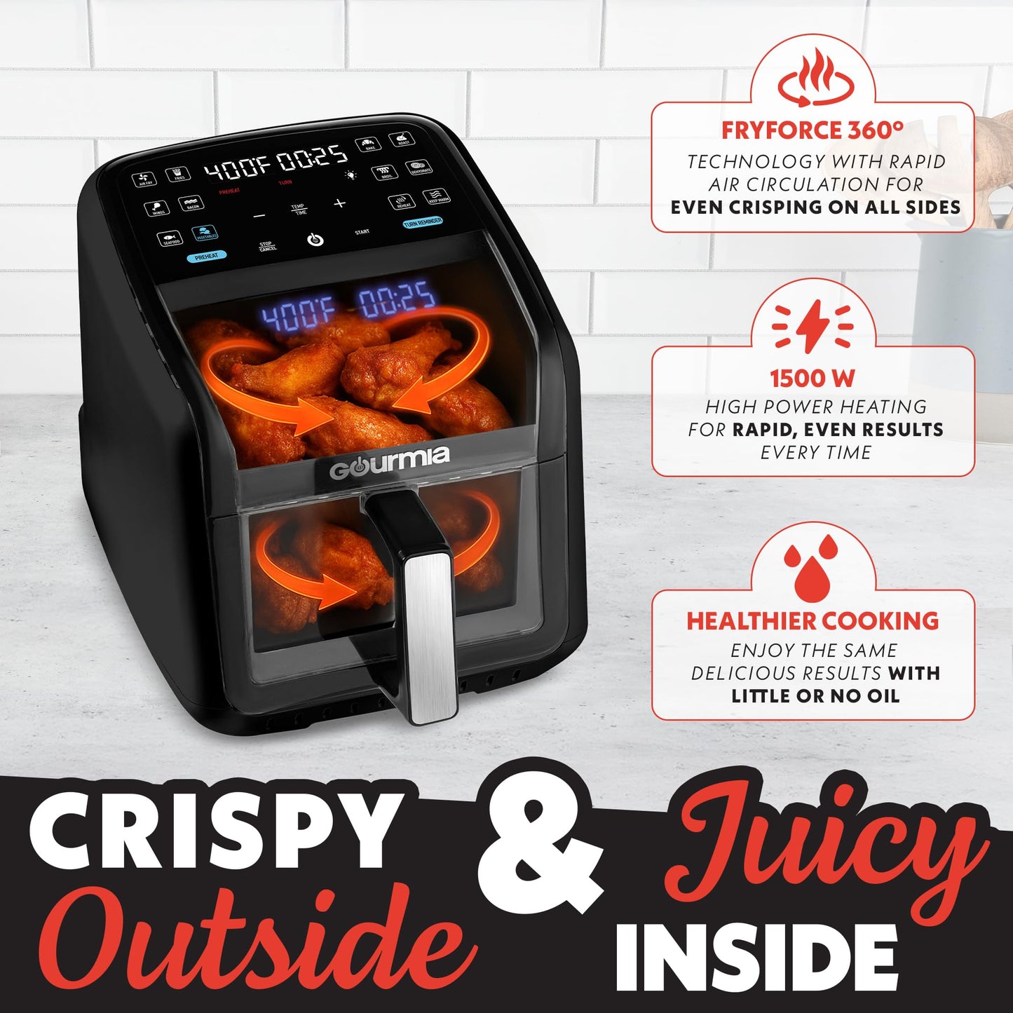 Gourmia Air Fryer 7 QT - Easy View Panorama Window & Interior Light, Guided Cooking with 12 One-Touch Presets, FryForce 360, Dishwasher Safe Accessories, Black