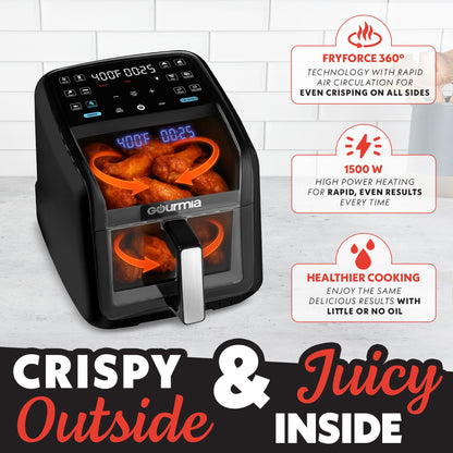 Gourmia Air Fryer 7 QT - Easy View Panorama Window & Interior Light, Guided Cooking with 12 One-Touch Presets, FryForce 360, Dishwasher Safe Accessories, Black