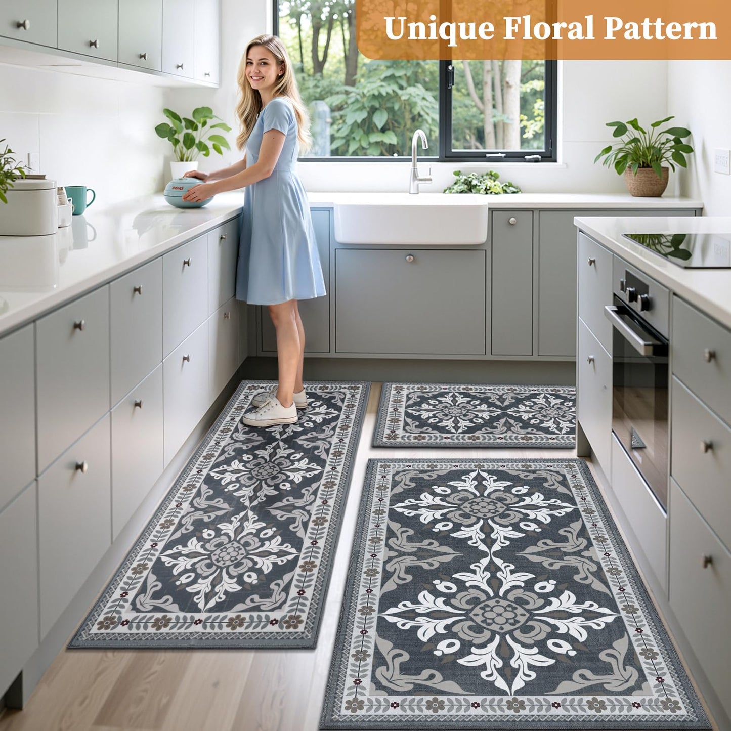 DailyCuddles Kitchen Rugs Set of 3, Non-Slip & Washable Floor Mats, Water-Absorbent Area Pad, Standing Desk Mat for Office, Home, Doorway, Laundry, Kitchen Accessories (Grey)