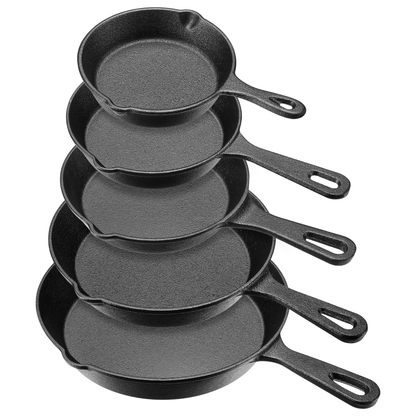 Vesici 5 Pcs Cast Iron Skillet Frying Pans with Drip-spouts Circle Non-stick Frying Skillet Omelette Pan Safe Healthy Cookware for Home Barbecue Kitchen Party Restaurant Catering Service (Mixed Size)