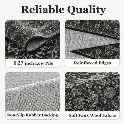 Jainmy Dark 5x7 Area Rugs for Living Room Bedroom, Washable Non Slip Low Pile Thin Soft Carpet Rugs for Dining Room/Kitchen/Home Office/Nursery, Vintage Farmhouse Earth Tone Midnight with Gray Accents