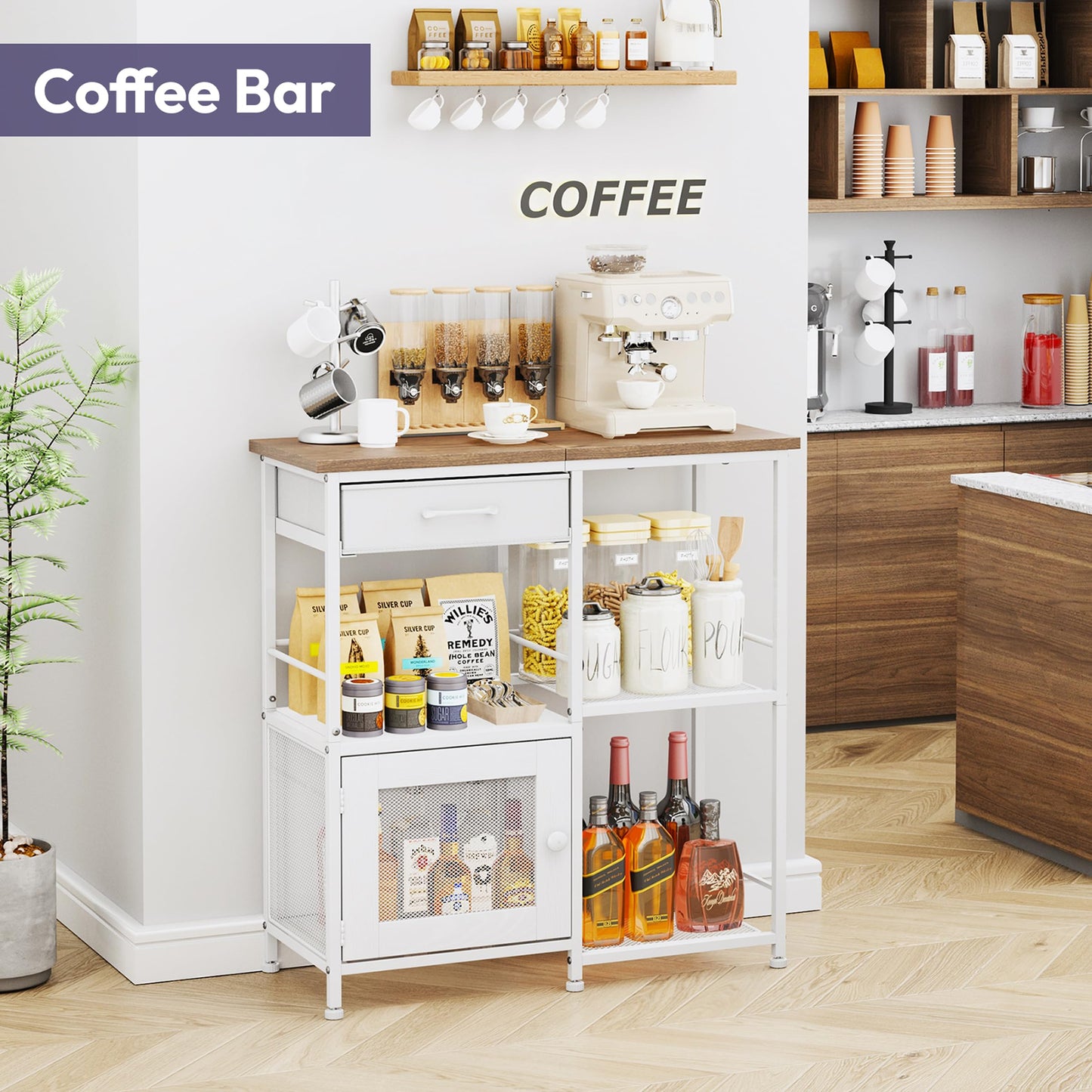 SWTYMIKI Coffee Bar Cabinet for Home - Farmhouse Coffee Stand Station Multi-Purpose Buffet Sideboard Cabinet with Drawers - Kitchen Bar Table for Living Room, Corner, Small Space, Oak