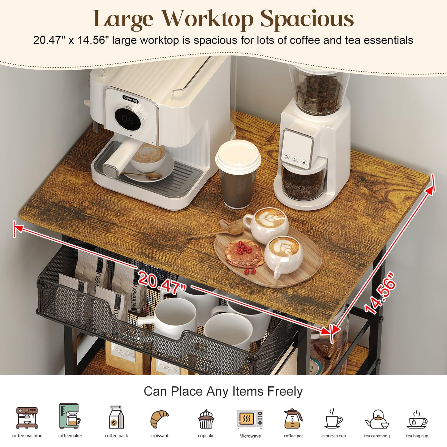 3 Tier Rolling Coffee Cart with 2-Door & Pull-Out Wire Basket Drawer, Movable Coffee Bar Cabinet on Lockable Casters, 32.7" H Microwave Cart with Storage for Home, Kitchen, Dining Room (Rustic Brown)