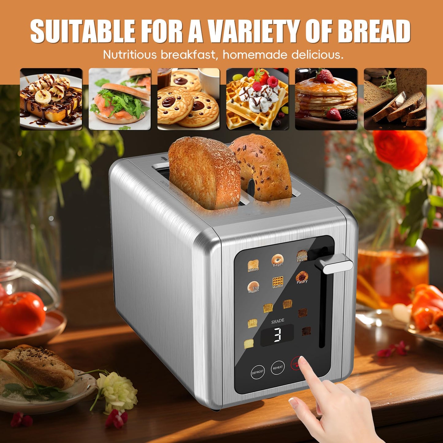 WUNLY 2 Slice Toaster,Touchscreen & Dual Independent Control Panel,5 Basic Functions & Digital Countdown Toasters,6 Shade Settings＆6 Bread Types,Smart Bread Maker Mute/Screen-Off,Titanium