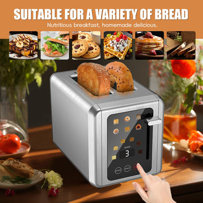 WUNLY 2 Slice Toaster,Touchscreen & Dual Independent Control Panel,5 Basic Functions & Digital Countdown Toasters,6 Shade Settings＆6 Bread Types,Smart Bread Maker Mute/Screen-Off,Titanium