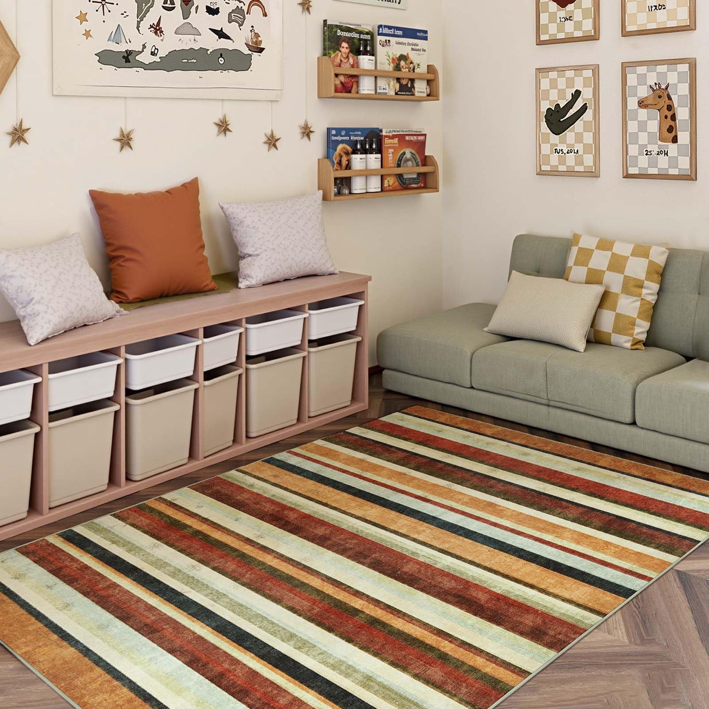 jinchan 5x7 Area Rug Modern Striped Rug Washable Rug Soft Large Indoor Floor Cover Non Slip Colorful Carpet for Bedroom Kitchen Dining Room Home Office, Caramel Dusk