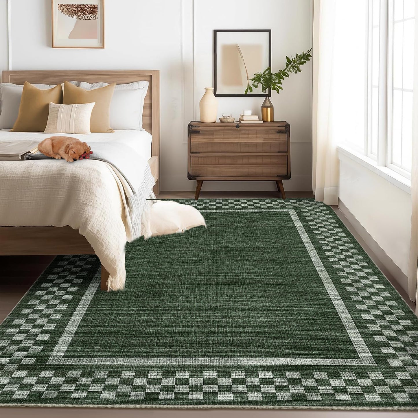 GarveeHome Washable Area Rug 4x6 Small Living Room Rugs Modern Bordered Soft Dining Room Throw Carpet Low Pile Non Slip Checkered Bedroom Rug Geometric Carpet for Nursery Kitchen Home Office, Green