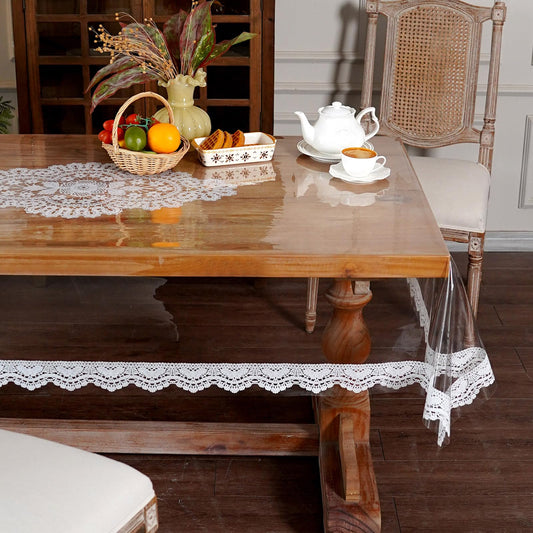 Artbloss Clear Table Protector Cover Vinyl Rectangle PVC Tablecloth with Printed Crocheted Lace Waterproof Oil Proof Wipeable Plastic Tablecloths for Home Kitchen Dining Table (Lace, 55 x 120 Inches)