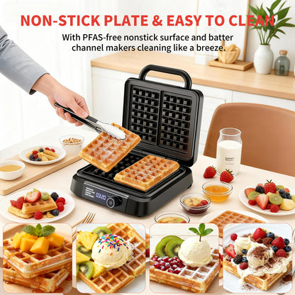 Waffle Maker, 1400W Belgian Waffle Maker, Dual Rectangular Thick Waffle Iron, 7-Level Browning LED Panel, Nonstick Plates, Anti-spill Design, Audible Ready Beep, Easy Cleanup, Stainless Steel