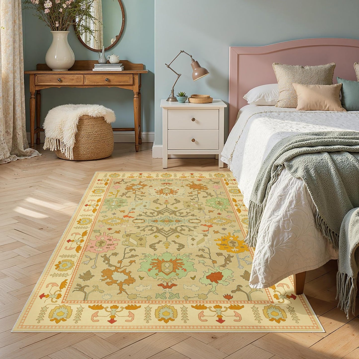 Joydeco Oushak Orange Rug for Living Room, Washable Carpet for Bedroom Non Slip, Boho Floral Ultra-Thin Soft Indoor Floor Throw Rugs for Entryway Dining Table Nursery Home Kitchen