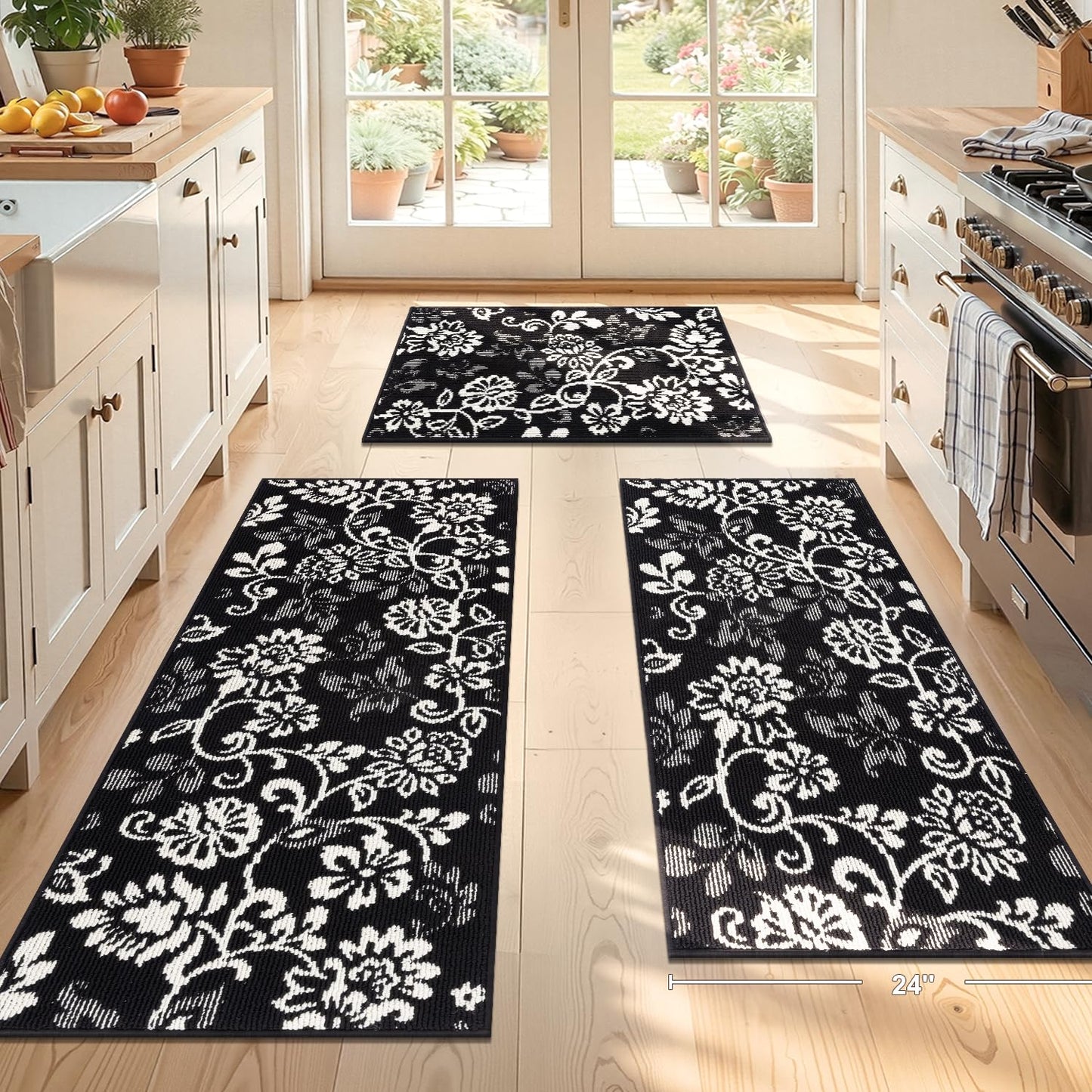LOKHOM Boho Kitchen Rugs Sets of 3, Non Slip High-Low Textured Kitchen Mats for Floor with Rubber Backing, Paisley Floral Washable Carpet Runner for Hallways Entryway Laundry Sink (Black & White)