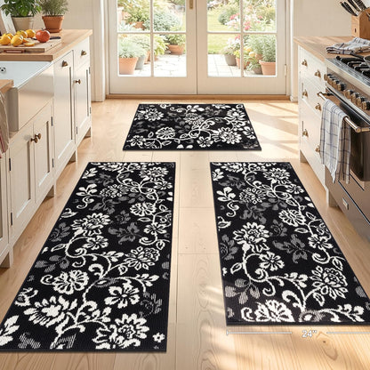LOKHOM Boho Kitchen Rugs Sets of 3, Non Slip High-Low Textured Kitchen Mats for Floor with Rubber Backing, Paisley Floral Washable Carpet Runner for Hallways Entryway Laundry Sink (Black & White)