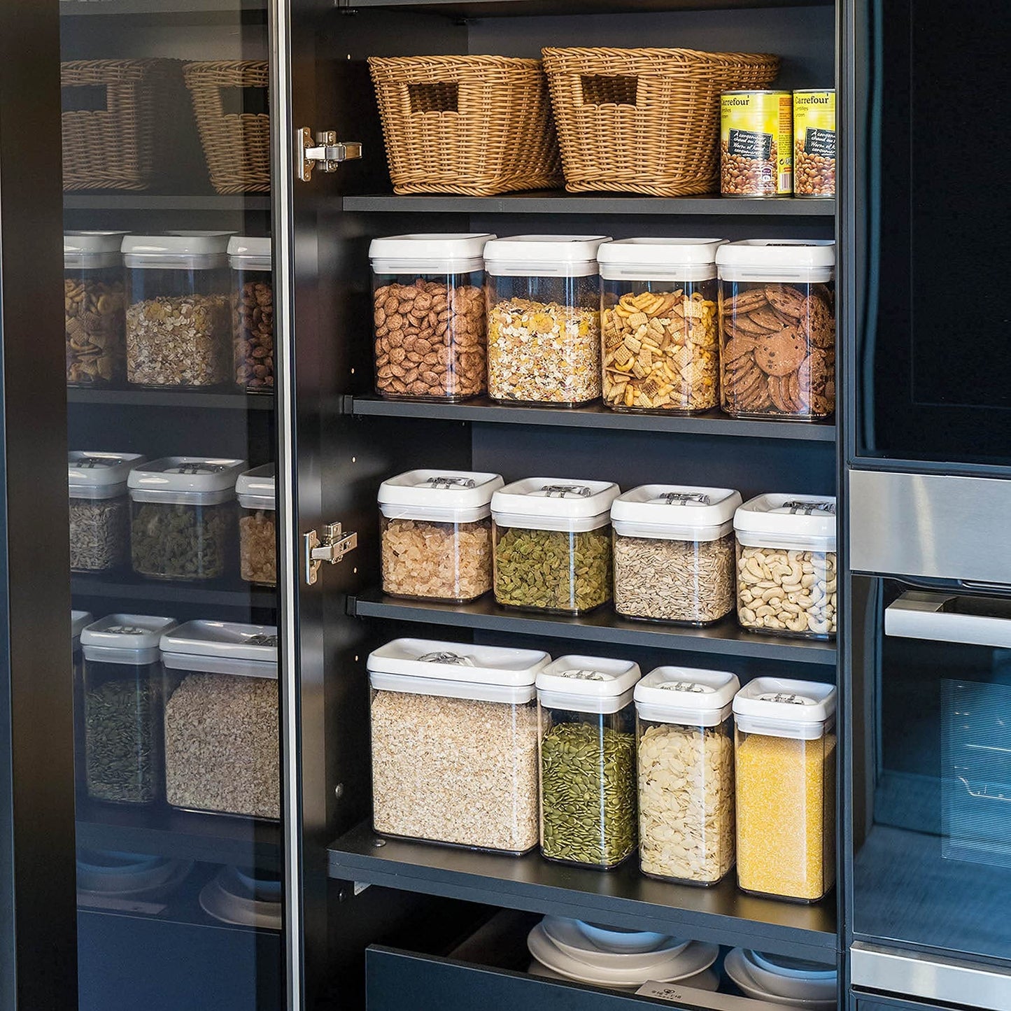 Felli Flip Tite Food Storage Container 5" LARGE 5pk Set + No Residue Label, Airtight Lid Easy Lock Top Stackable, Plastic Canister Jar for Pantry Kitchen Fridge Organizer Pasta Protein Powder Spice