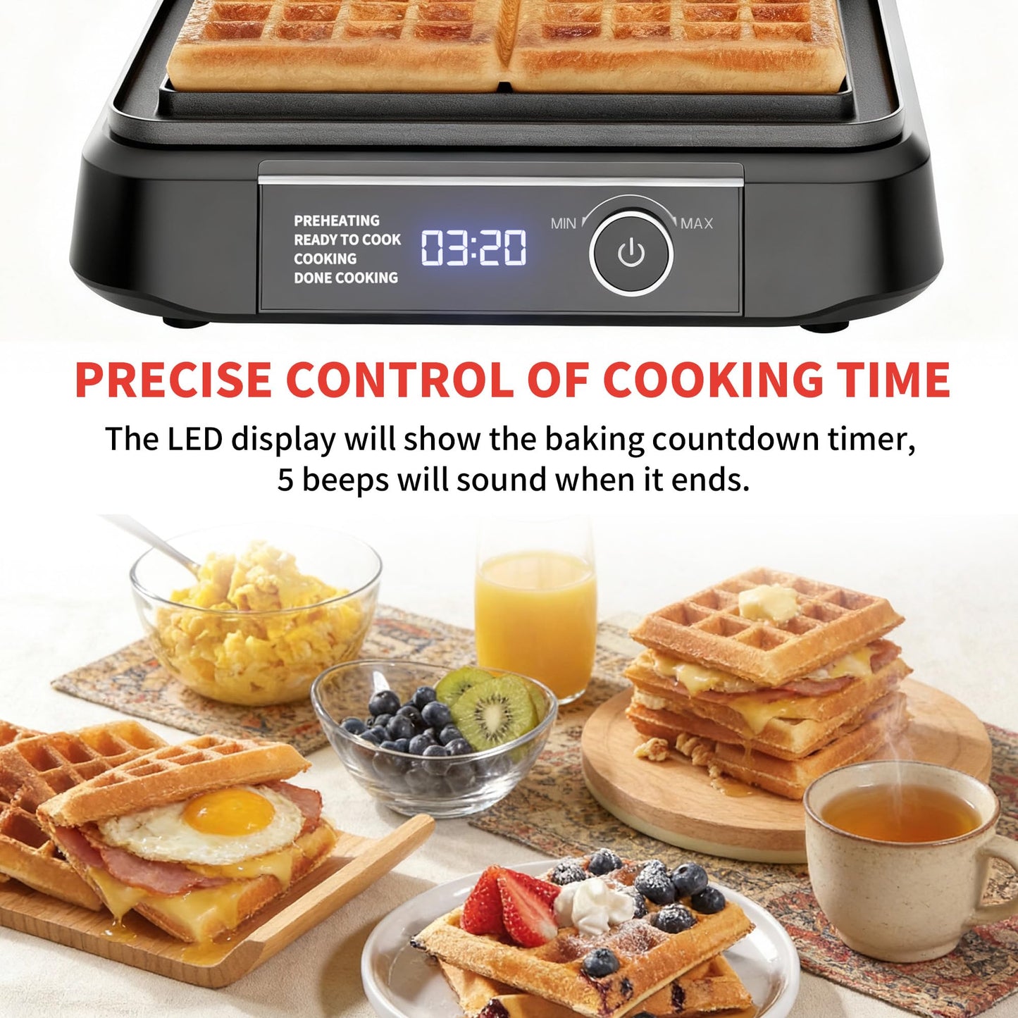 Waffle Maker, 1400W Belgian Waffle Maker, Dual Rectangular Thick Waffle Iron, 7-Level Browning LED Panel, Nonstick Plates, Anti-spill Design, Audible Ready Beep, Easy Cleanup, Stainless Steel
