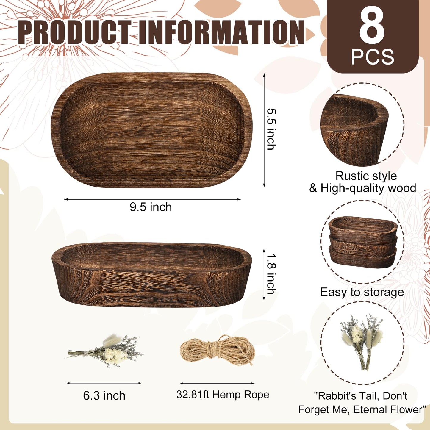 badashun Wooden Dough Bowls for Candle Making, 8 Pack Rustic Paulownia Wood Bowls with Jute Twine & Dried Flowers, Farmhouse Kitchen Home Decor (8)