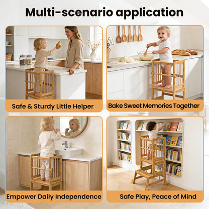 HBTower Kids Kitchen Step Stool with Safety Rails & Anti-Slip Feet,Toddler Standing Tower for Kitchen Counter Learning - Hold Up to 450lbs,Anti-Slip Feet Toddlers Learning Tower,Natural Bamboo