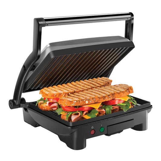 Chefman Panini Press & Sandwich Maker, 4-Slice, Nonstick Plates, 180° Swing-Open, Stainless Steel, Removable Tray