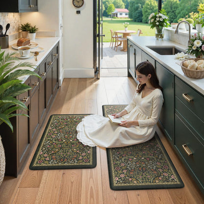 Collive Kitchen Mats for Floor 2PCS, Cushioned Anti Fatigue Rugs Non-Slip Waterproof Kitchen Sink Mat, Green Floral Standing Mat for Bar, Office, Desk, Home Decor
