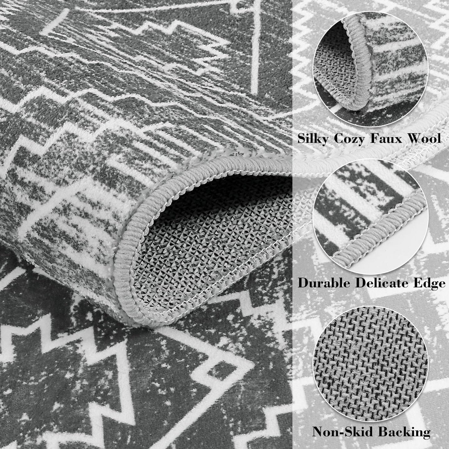 Wonnitar Moroccan 5x7 Washable Rug, Large Grey Area Rug for Living Room, Non-Slip Boho Bedroom Carpet Thin Soft Non-Shedding Farmhouse Rug for Dining Room Table Kitchen Home Office (Dark Grey,5'x7')